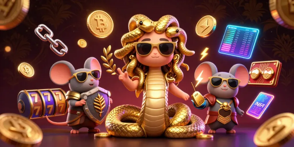 Engage in vibrant casino action with TG88, featuring Medusa and a warrior mouse amidst glowing crypto coins and rich game elements.