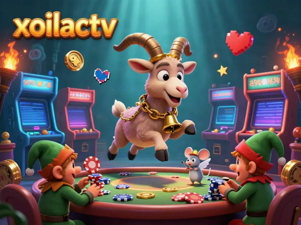 Xoilactv showcases a lively casino scene with a Krampus goat, angel mouse, and mischievous gremlins in action.