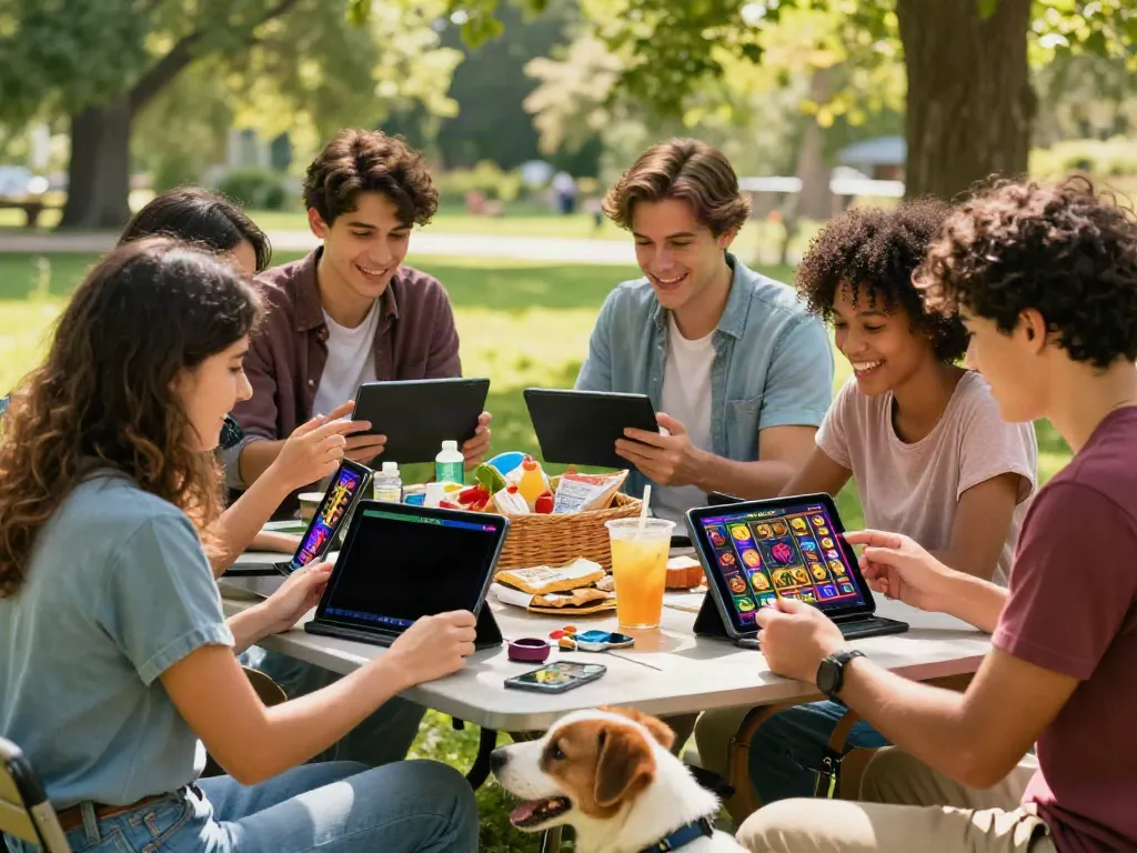 Friends enjoying slot gacor gampang menang games in a sunny park