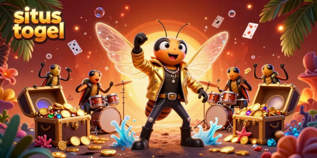 Experience situs togel excitement with buzzing cicada rock star and vibrant casino elements.