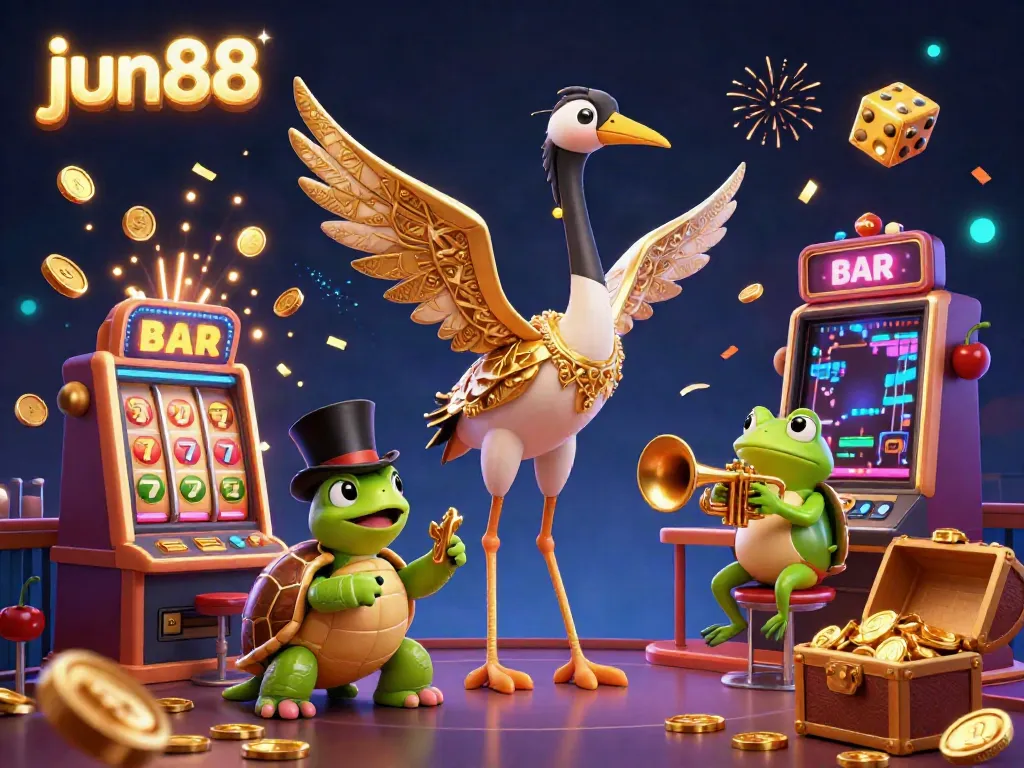 Experience the excitement of jun88 with a vibrant 3D casino scene featuring a bustling speakeasy, slot machines, and winning symbols.