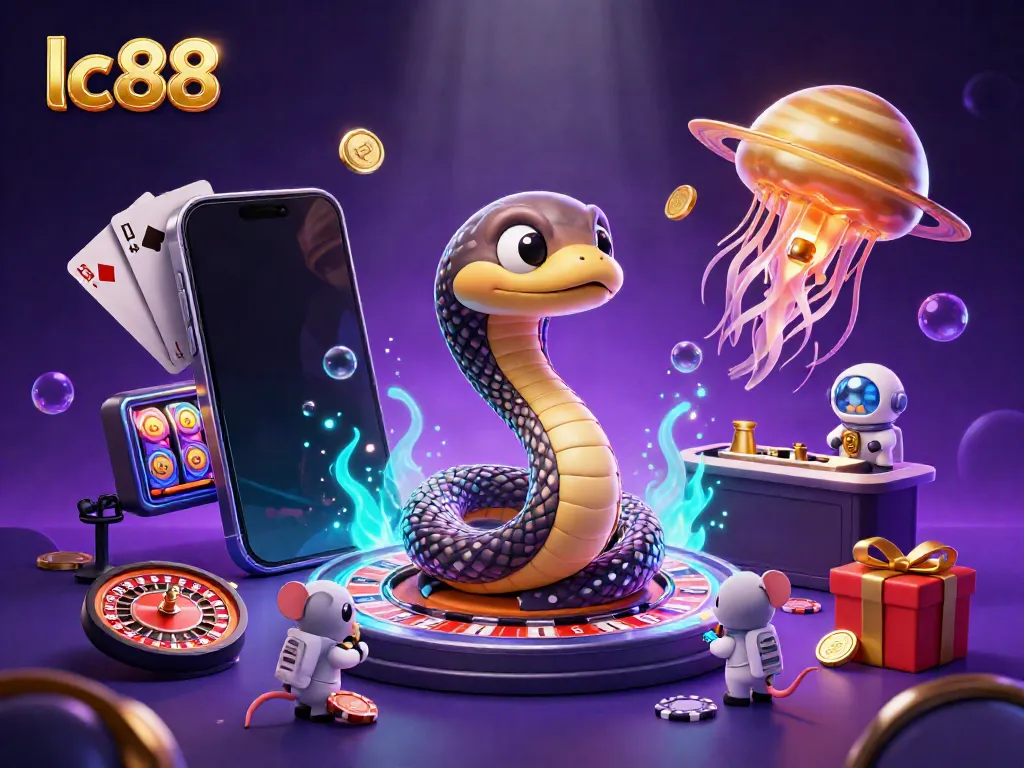 Experience interactive lc88 gaming with vibrant cosmic elements and animated characters in this immersive illustration.