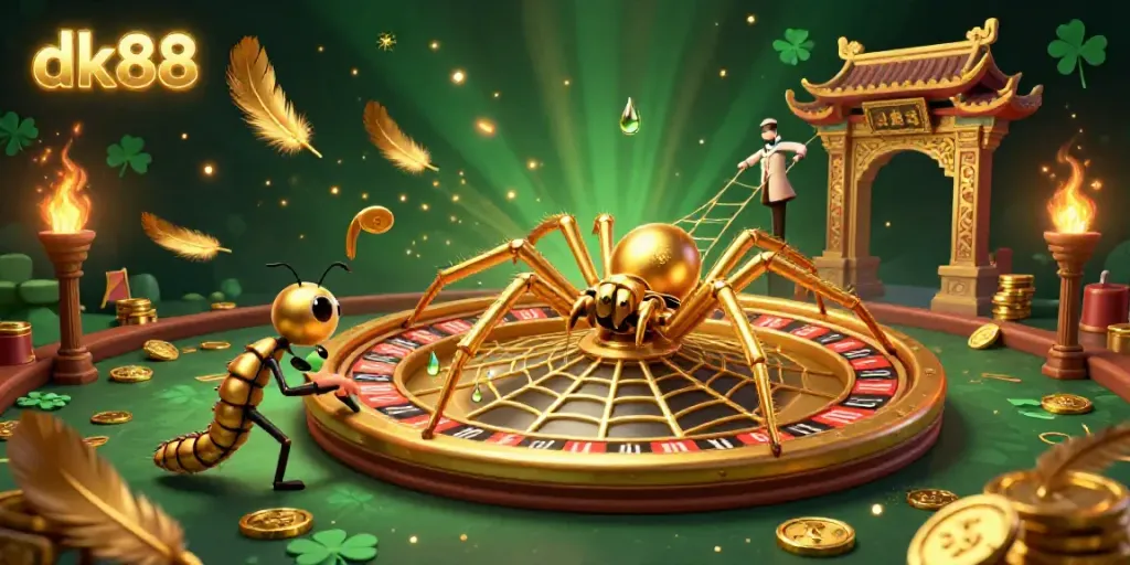 Experience the thrilling bets at dk88 with a golden spider spinning a roulette web in this vibrant casino scene.
