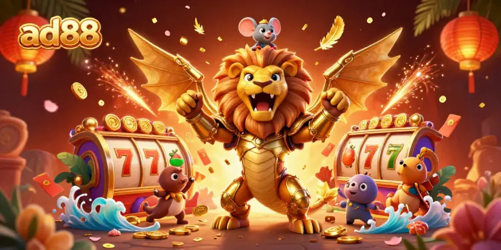 Experience thrilling gameplay at ad88 with a roaring chimera and festive casino elements