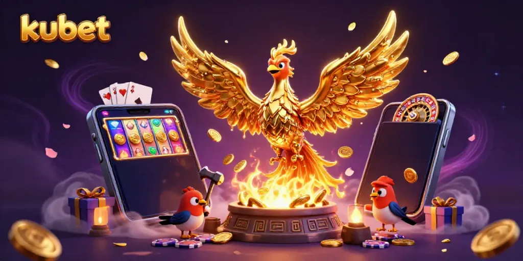 Experience the excitement of kubet with a molten phoenix, casino games, and vibrant golden elements.