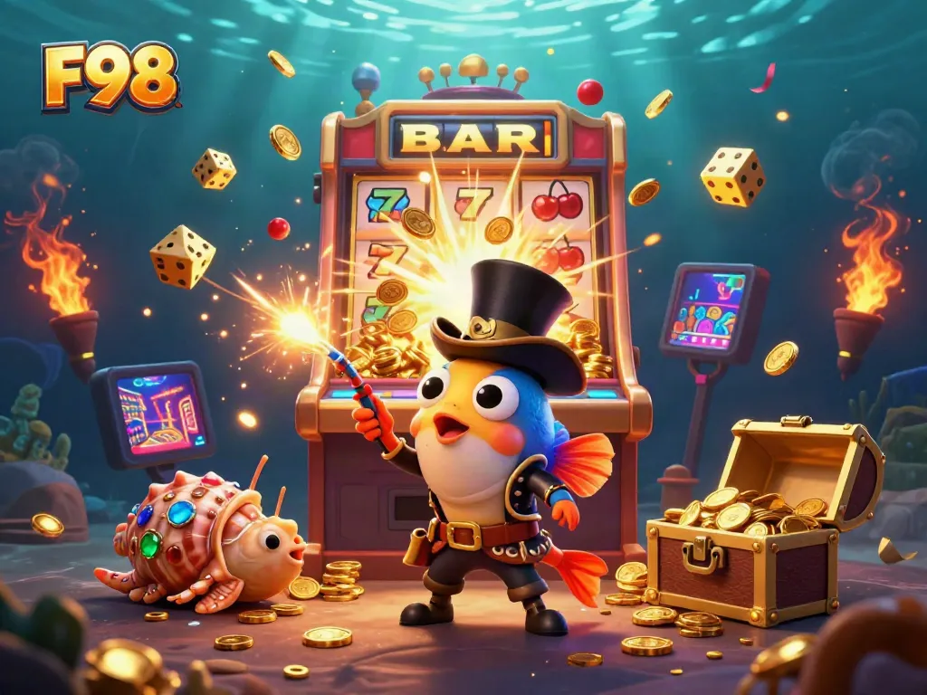 Spin to win with F98-inspired gaming scene featuring colorful cartoon sea characters and a slot machine jackpot!