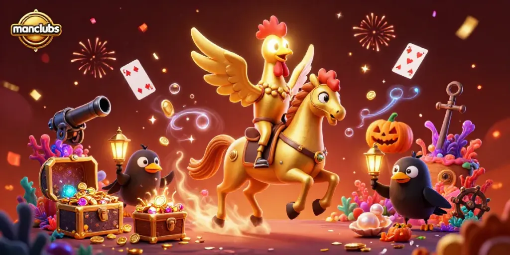 Experience thrilling action at manclubs with a glorious golden rooster in a vibrant casino.