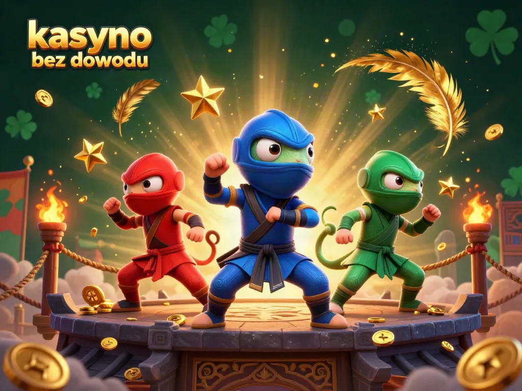 Engaging scene of kasyno bez dowodu with ninjas in martial arts poses, surrounded by vibrant casino elements.