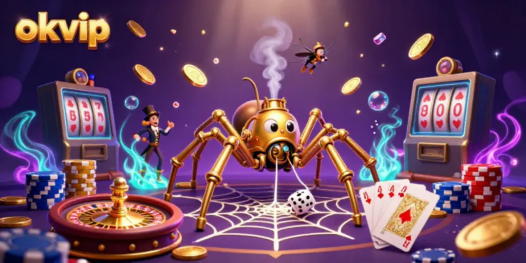 Experience the excitement of okvip with a dynamic 3D illustration of a steampunk spider in a casino.