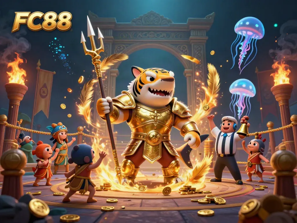 Engage with FC88 as the golden shark gladiator battles in a vibrant underwater casino colosseum