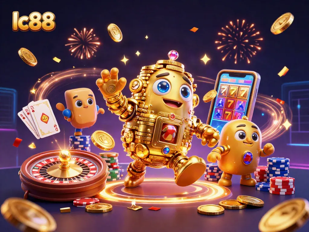 Gamble for jackpots at lc88 with a vibrant scene of spinning roulettes and radiant golden coins.