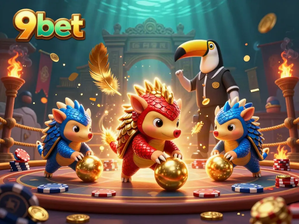 Engaging 3D scene with rival pangolins competing in a fun poker-themed setting featuring 9bet elements.