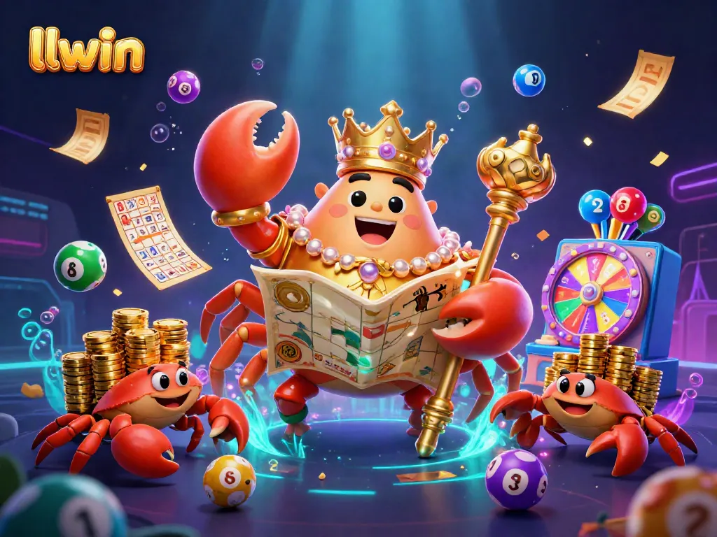 Engage in thrilling gaming adventures with llwin's vibrant lottery-themed scene featuring a golden crab emperor and lottery elements.