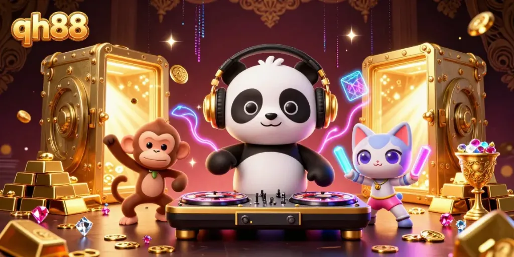 Experience the gaming excitement at qh88 with a vibrant 3D casino scene, showcasing thrills and rewards.