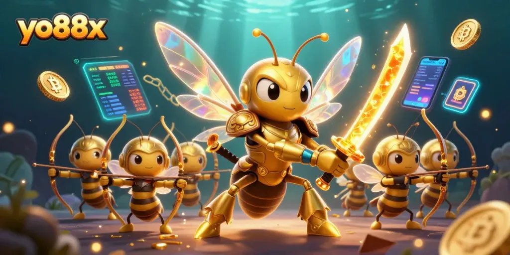 Experience the thrill of winning at yo88x with a dynamic 3D casino scene featuring unique characters and vibrant elements.
