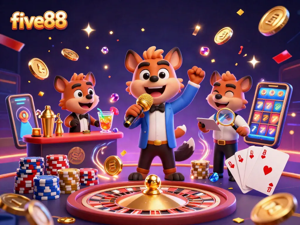 Experience the vibrant energy of five88 casino with cartoon hyenas enjoying comedy, drinks, and fun gaming elements