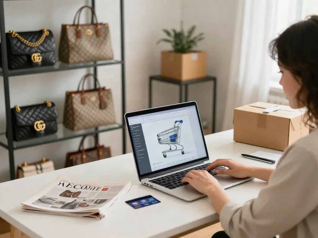 Online shopping scene featuring Fake Baga with luxury replica bags and e-commerce ambiance.