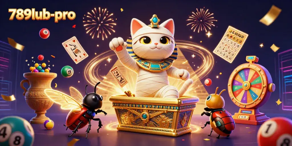 Experience thrilling wins at 789lub-pro, where the Egyptian mummy cat bursts from a sarcophagus amidst vibrant casino elements.