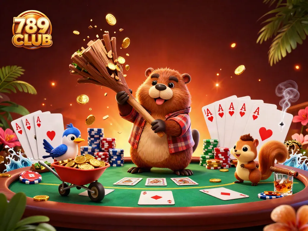 Join the fun at 789CLUB as a beaver chops a tree raining coins in a vibrant casino scene.