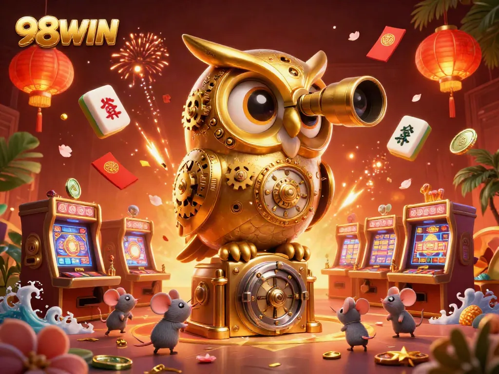 Engage in the vibrant 98WIN casino experience with golden owls and loyal patrons thriving on the casino floor.
