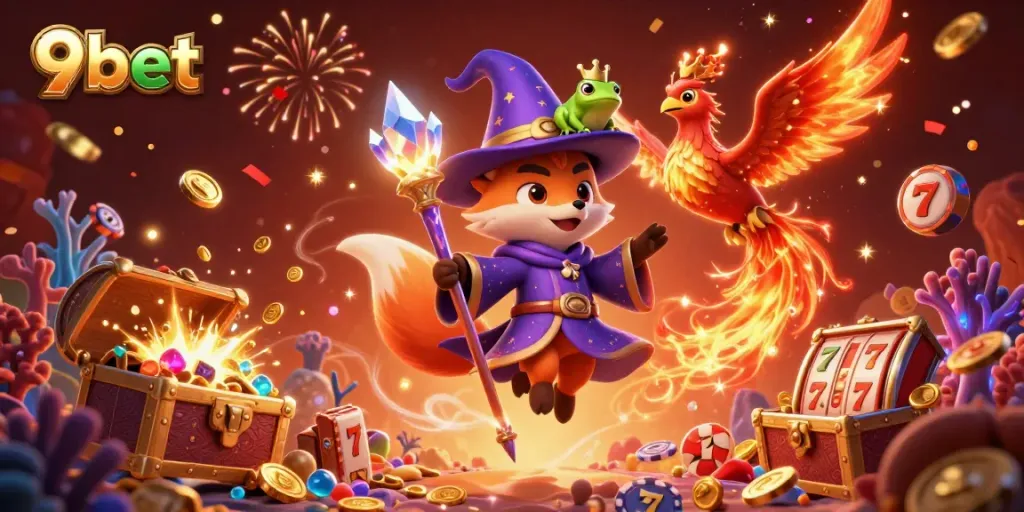 Engaging scene with 9bet-themed wizard fox, phoenix, and enchanted frog in a rich casino environment.