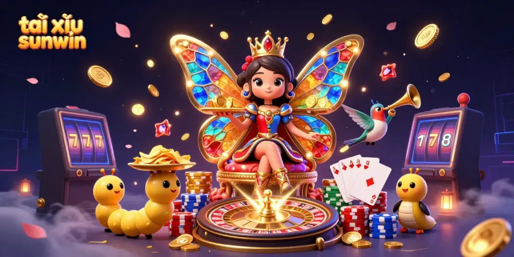 A vibrant 3D illustration showcasing tài xỉu sunwin with a butterfly queen, chips, and coins in a colorful casino scene.