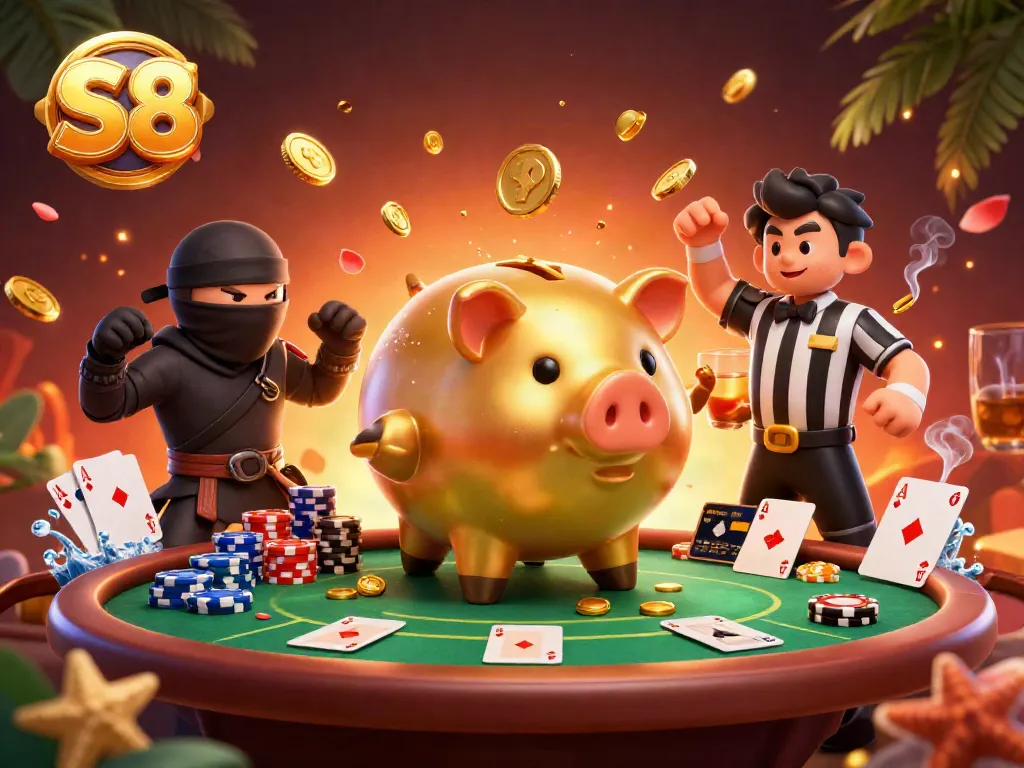 Engage in thrilling casino action with S8, featuring dynamic characters and vibrant poker elements.