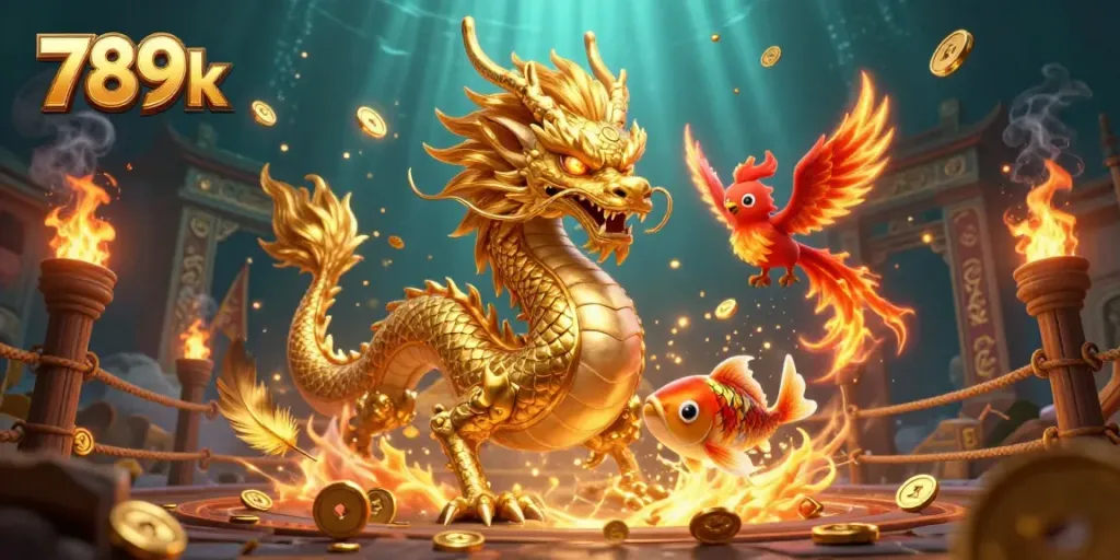 Engage in thrilling 789k casino action with a dragon, a phoenix, and a koi fish amidst coins and gaming elements.