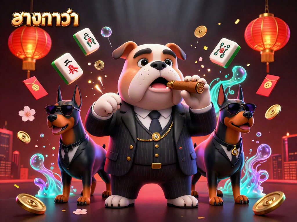 Engage in แทงบาคาร่า with a cartoon mafia scene featuring a bulldog and Dobermans amidst vibrant casino elements.