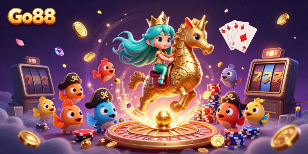 Experience the excitement with Go88's vibrant casino adventures featuring a mermaid, seahorse, and treasures.