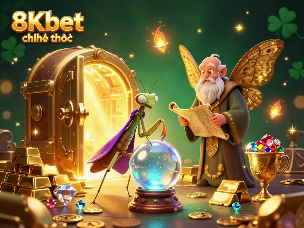 Experience exciting games at 8Kbet chính thức, featuring a mystical fortune teller and treasures.