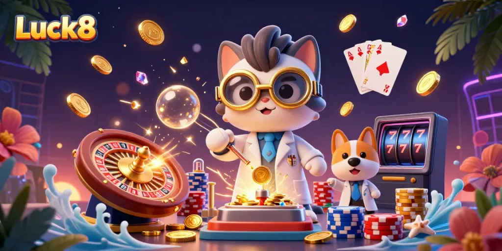 Experience thrilling moments with Luck8 in a vibrant, elaborate casino illustration filled with dynamic gaming elements.