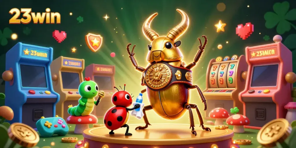 Engage with the energetic 23win casino scene featuring a dynamic 3D illustration of characters and gaming elements.