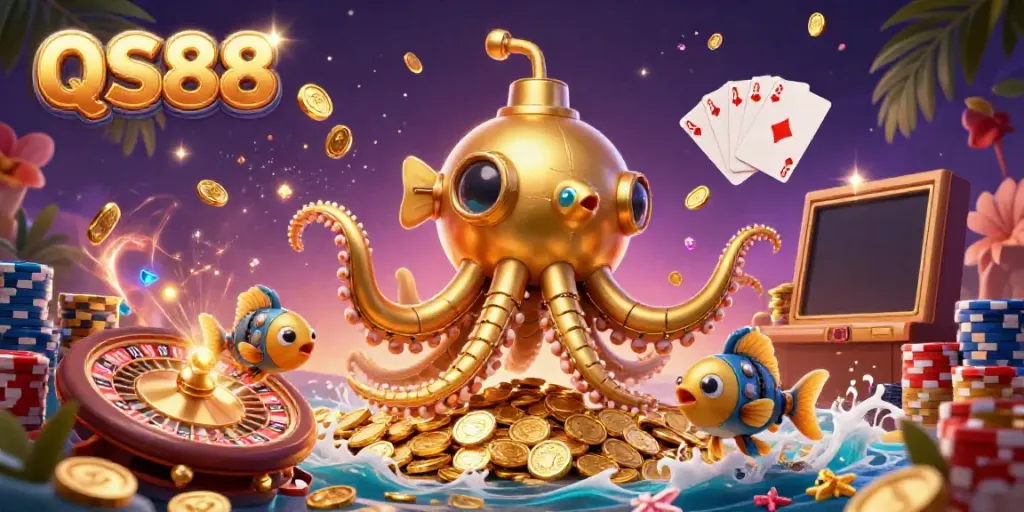 Experience QS88 casino action with a 3D kraken surrounded by golden coins and casino elements.