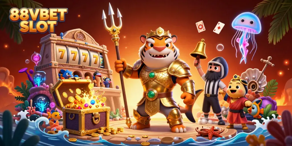 Experience thrilling gameplay in 88VBET SLOT with a tiger shark and underwater treasure.