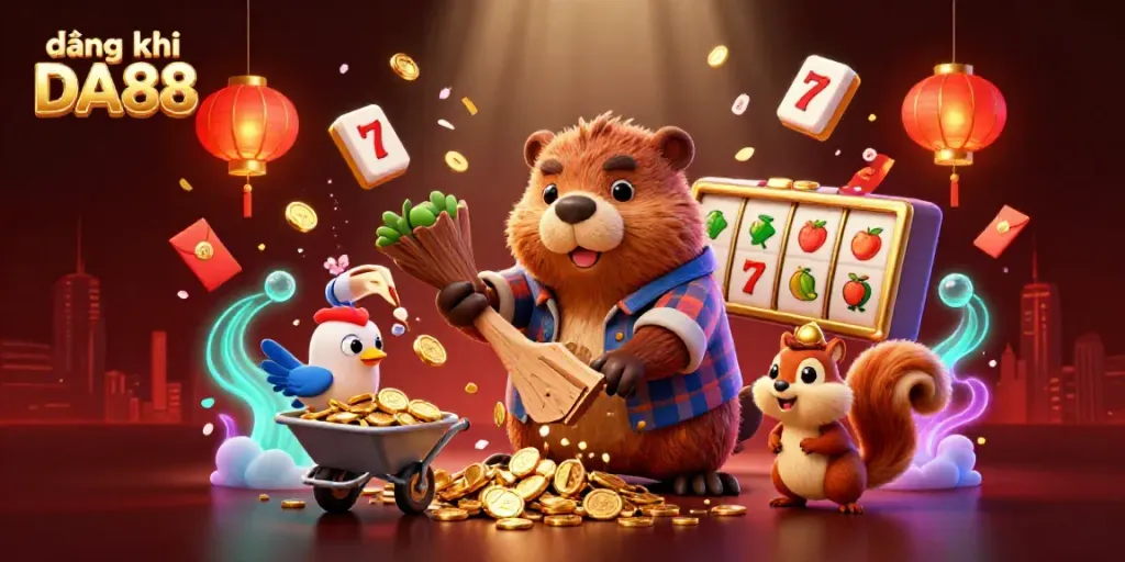 Join the excitement of đăng ký DA88 with cartoon characters collecting gold coins while playing slots.