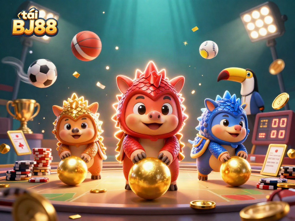 Engage in thrilling gameplay with tải BJ88, as pangolins roll into golden balls amidst vibrant casino elements.