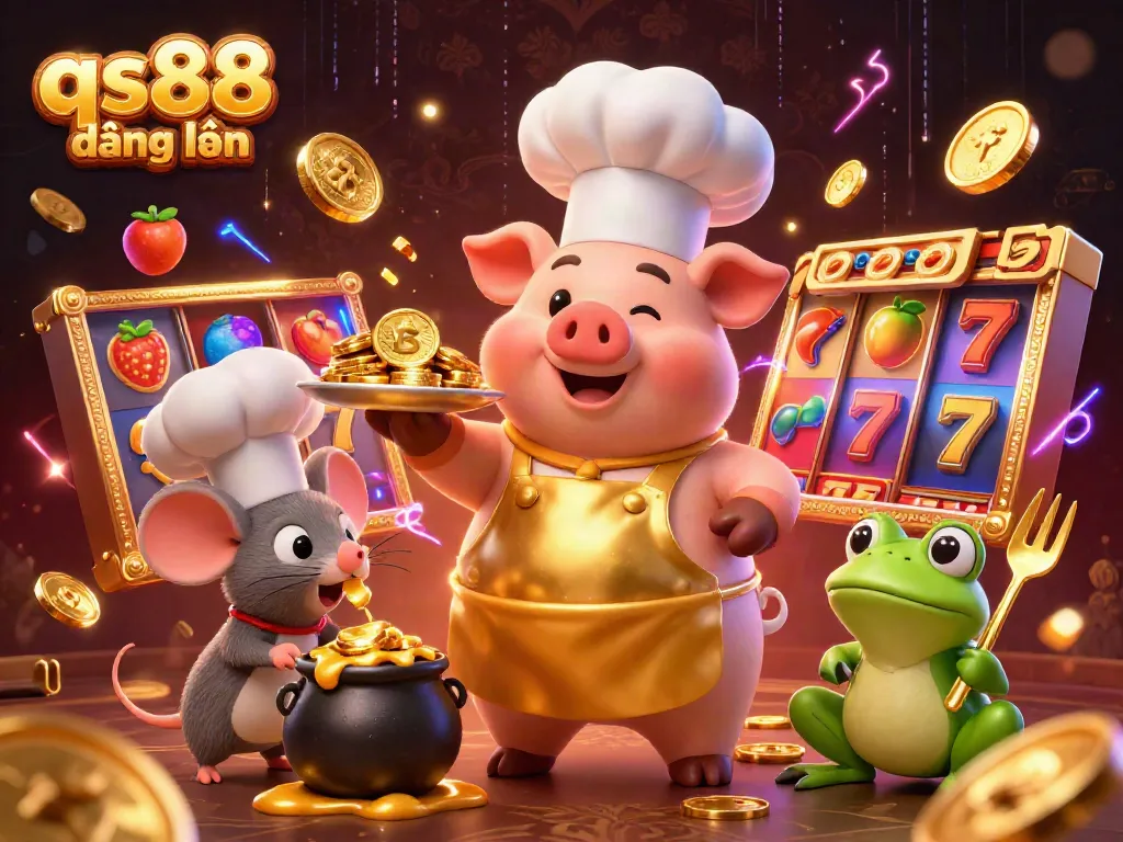 Engage with qs88 đăng nhập as a chef pig serves gold coins amidst a thrilling slot scene.