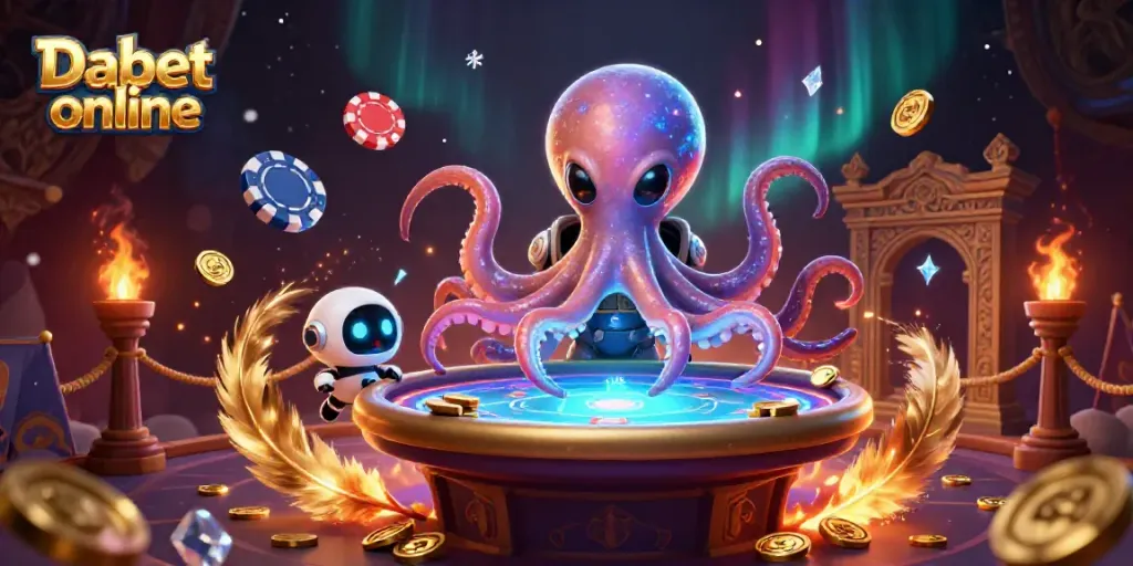 Engage in thrilling poker gameplay with the Dabet online alien octopus in this vibrant illustration.