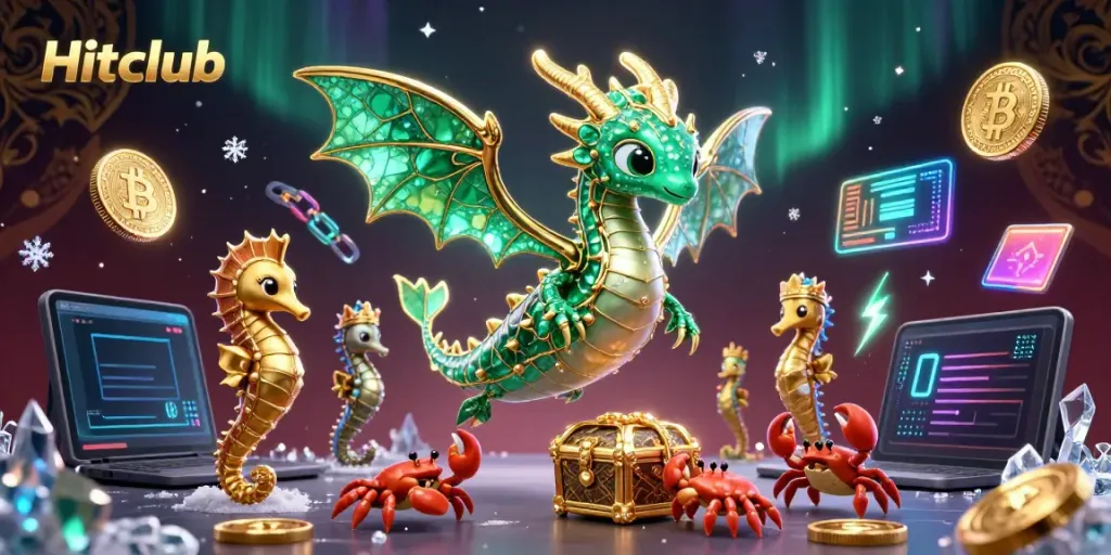 Hitclub game experience illustrated with a cartoon sea dragon, seahorses, and crypto elements.