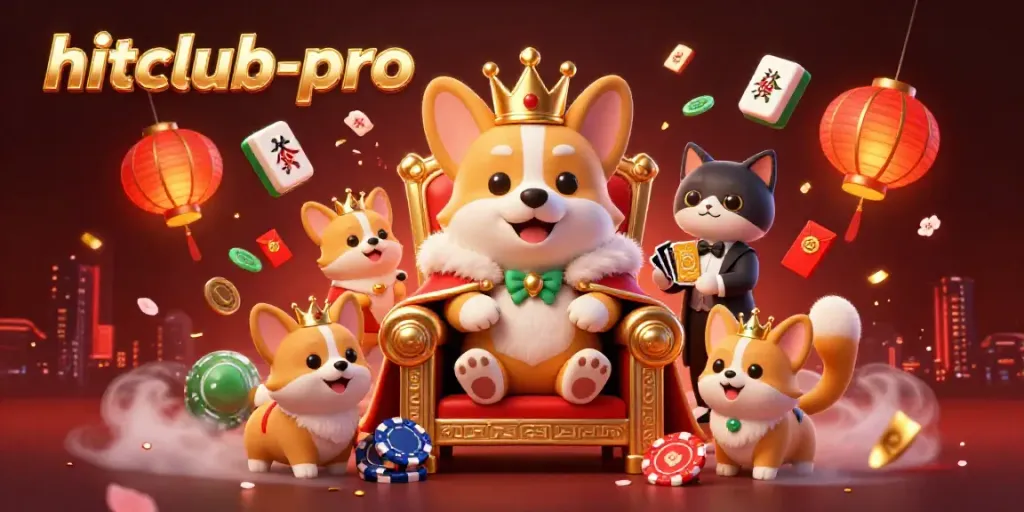 Experience the joys of gambling with hitclub-pro, featuring a royal corgi on a throne of poker chips.