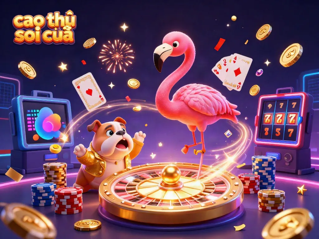 Cao thủ soi cầu illustration featuring a game host, excited bulldog, and scoreboard cat, surrounded by casino elements and gold coins.