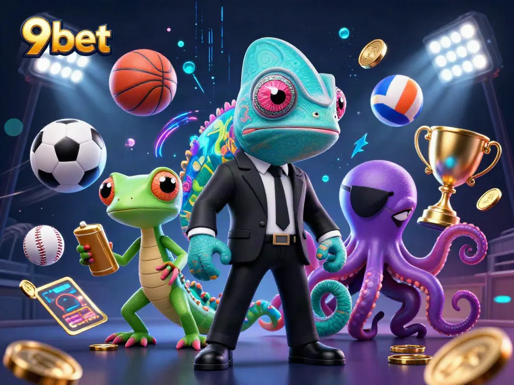 Engage with vibrant 9bet gaming excitement featuring a secret agent chameleon and dynamic sports elements.