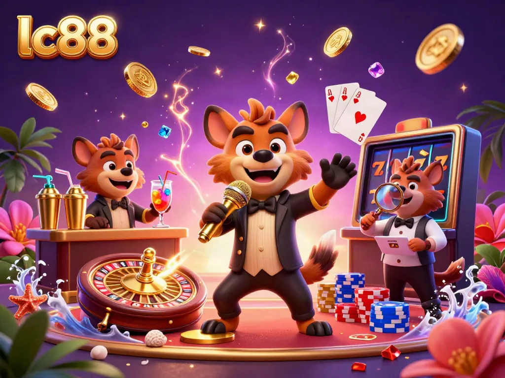 Experience the humor of lc88 with animated hyenas hosting a vibrant casino scene.