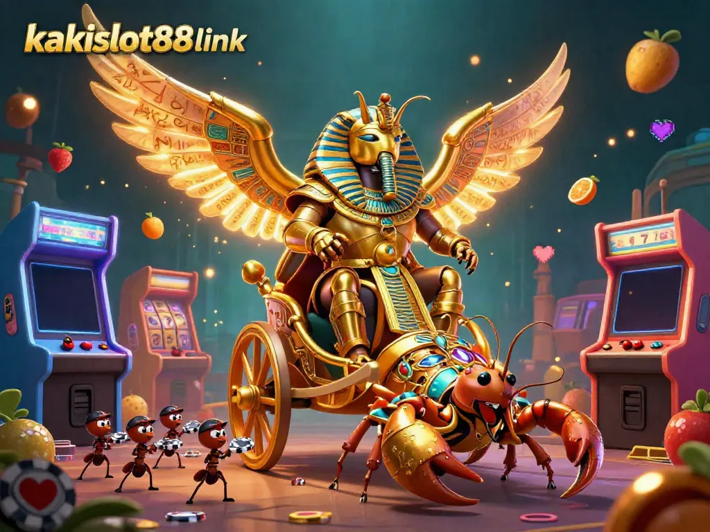 Menangkan jackpot dengan kakislot88 link yang menampilkan scarab raksasa dan mesin slot berkilau.