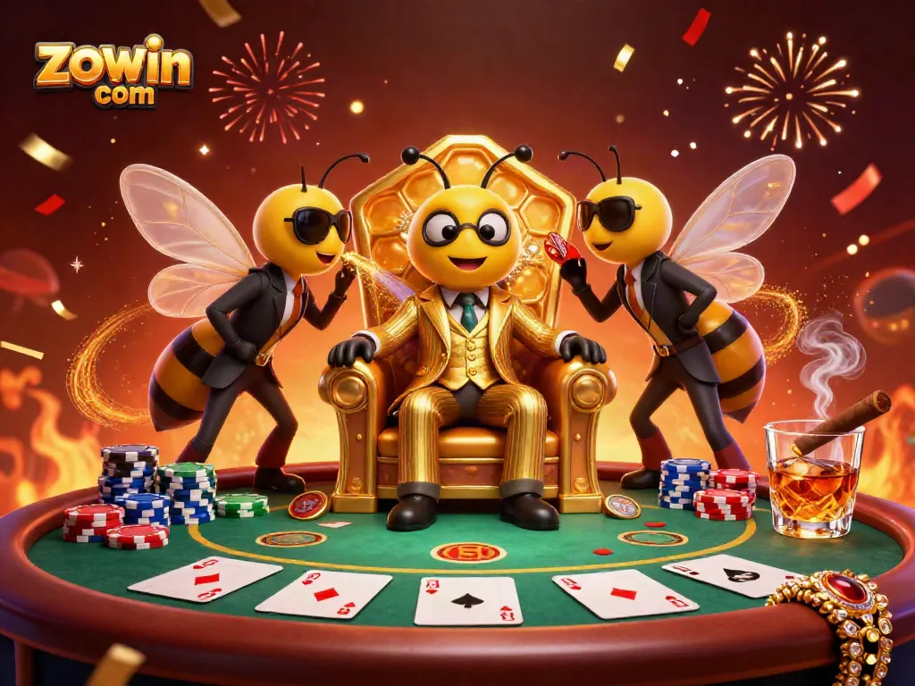 Experience thrilling poker action at zowin com with colorful poker chips and characters in a vibrant casino setting.