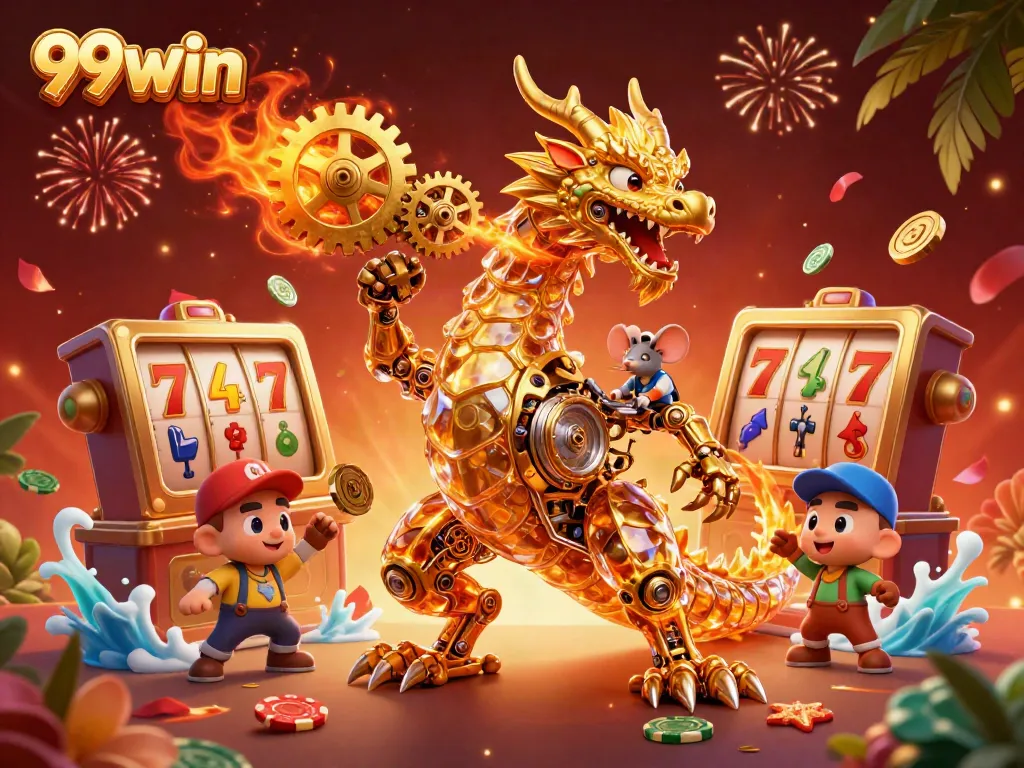 Experience thrilling casino adventures with 99win amidst vibrant slot reels and golden surprises.