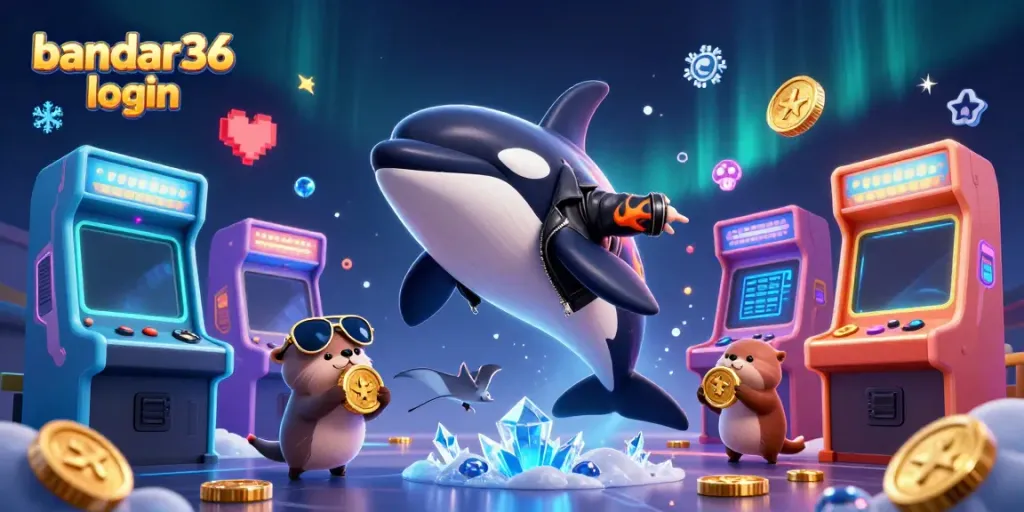 Permainan bandar36 login dengan karakter lucu, koin emas berserakan, dan elemen kasino yang kaya.