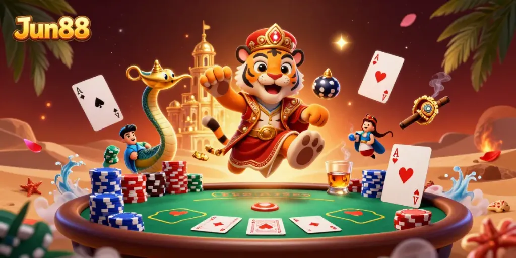 Experience high-energy gaming with Jun88's thrilling casino atmosphere featuring vibrant characters and immersive elements.