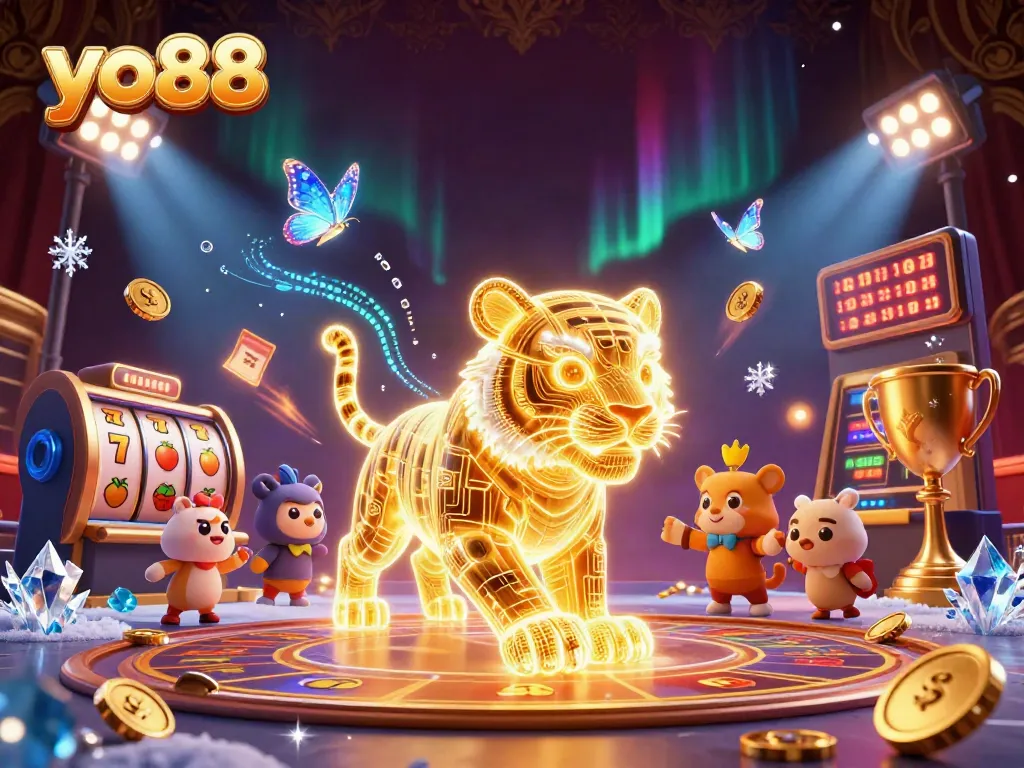 Engage in exciting gaming action at yo88 with vibrant casino elements and a golden tiger illustration.